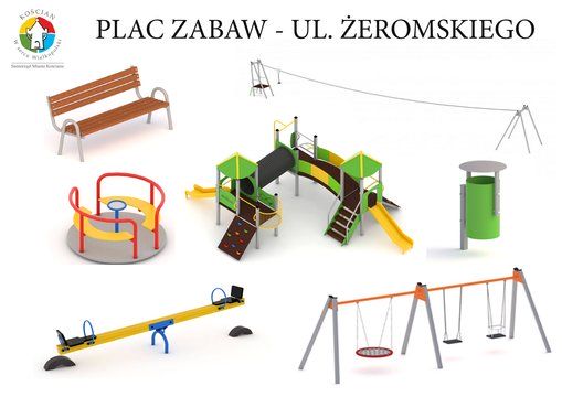 Wizualizacja nowych elementów, które zostaną zamontowane na placu zabaw przy ul. Żeromskiego (urządzenia zabawowe, ławki i kosze na śmieci)
