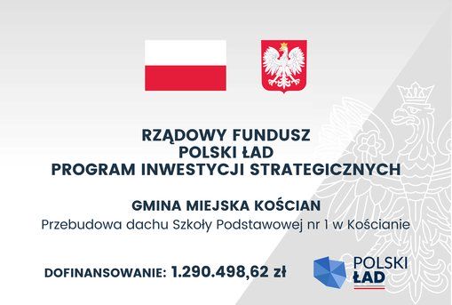 Flaga i godło RP wraz z logo programu Polski Ład i opisem inwestycji